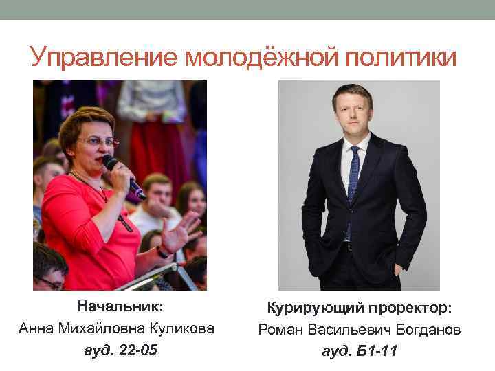 Управление молодёжной политики Начальник: Анна Михайловна Куликова ауд. 22 -05 Курирующий проректор: Роман Васильевич