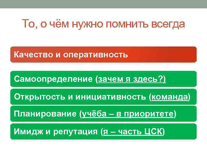 То, о чём нужно помнить всегда Качество и оперативность Самоопределение (зачем я здесь? )