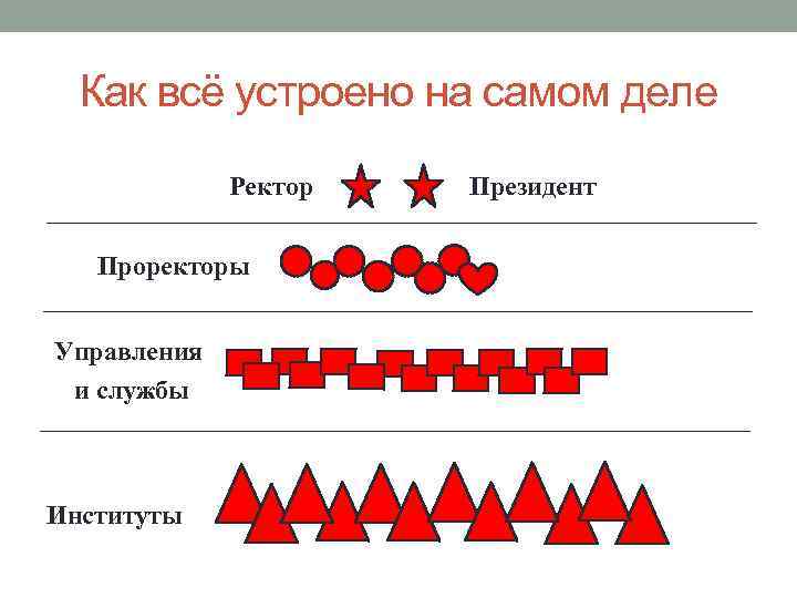 Как всё устроено на самом деле Ректор Проректоры Управления и службы Институты Президент 