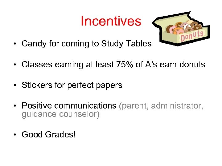 Incentives • Candy for coming to Study Tables • Classes earning at least 75%
