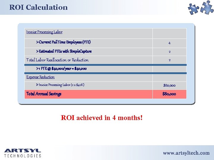 ROI Calculation Invoice Processing Labor ØCurrent Full Time Employees (FTE) 4 ØEstimated FTEs with
