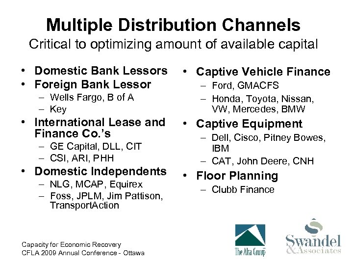 Multiple Distribution Channels Critical to optimizing amount of available capital • Domestic Bank Lessors