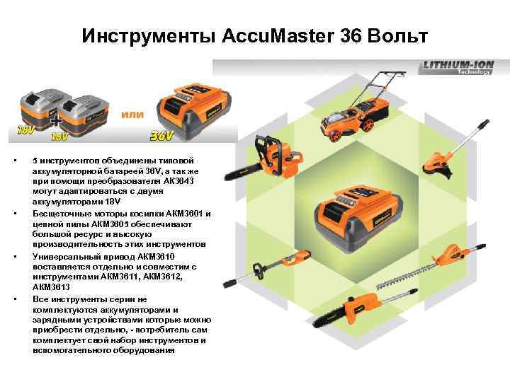 Инструменты Accu. Master 36 Вольт • • 5 инструментов объединены типовой аккумуляторной батареей 36