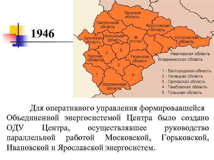 1946 Для оперативного управления формировавшейся Объединенной энергосистемой Центра было создано ОДУ Центра, осуществлявшее руководство