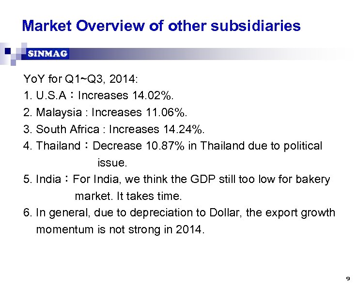 Market Overview of other subsidiaries Yo. Y for Q 1~Q 3, 2014: 1. U.