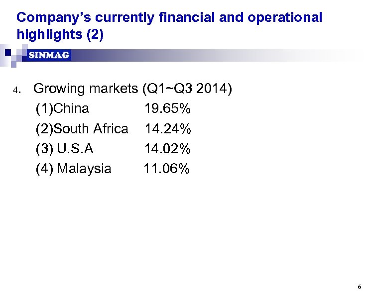 Company’s currently financial and operational highlights (2) 4. Growing markets (Q 1~Q 3 2014)