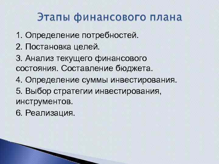 1. Определение потребностей. 2. Постановка целей. 3. Анализ текущего финансового состояния. Составление бюджета. 4.