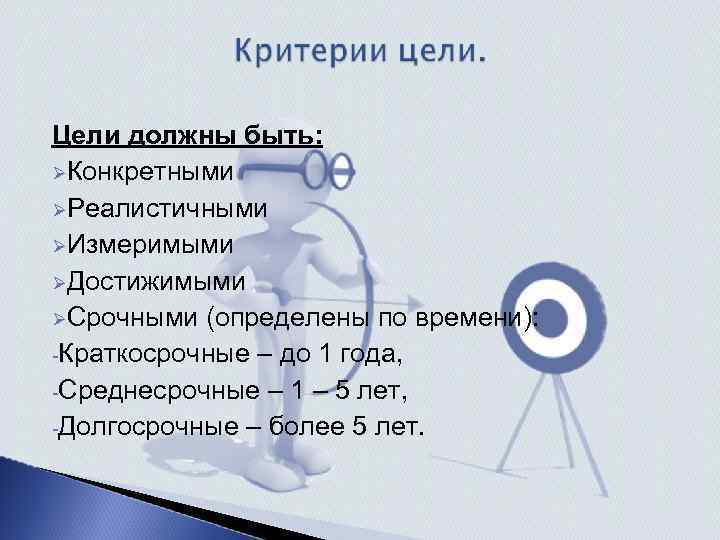 Цели должны быть: ØКонкретными ØРеалистичными ØИзмеримыми ØДостижимыми ØСрочными (определены по времени): -Краткосрочные – до