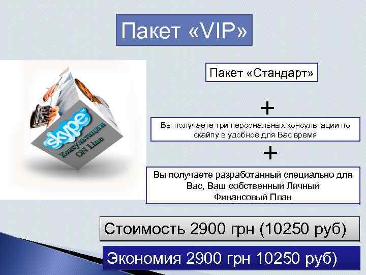 Пакет «VIP» Пакет «Стандарт» + Вы получаете три персональных консультации по скайпу в удобное