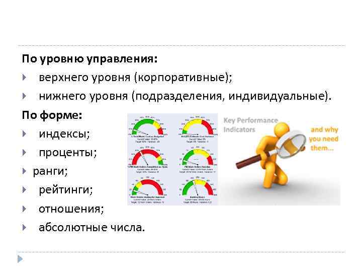 По уровню управления: верхнего уровня (корпоративные); нижнего уровня (подразделения, индивидуальные). По форме: индексы; проценты;