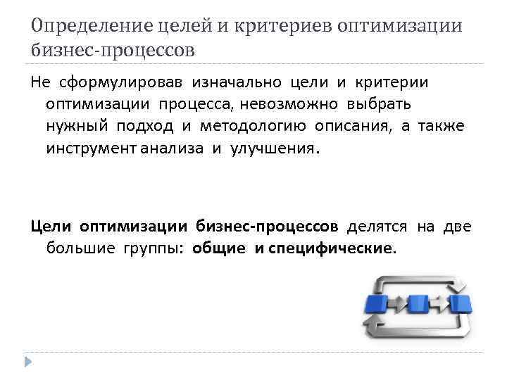 Определение целей и критериев оптимизации бизнес-процессов Не сформулировав изначально цели и критерии оптимизации процесса,