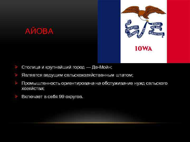 АЙОВА Ø Столица и крупнейший город — Де-Мойн; Ø Является ведущим сельскохозяйственным штатом; Ø