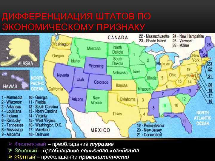 ДИФФЕРЕНЦИАЦИЯ ШТАТОВ ПО ЭКОНОМИЧЕСКОМУ ПРИЗНАКУ Ø Фиолетовый – преобладание туризма Ø Зеленый – преобладание