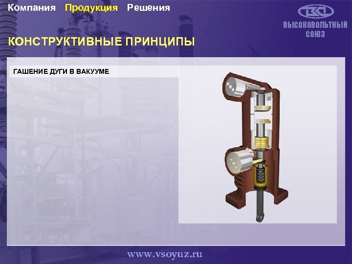 Компания Продукция Решения КОНСТРУКТИВНЫЕ ПРИНЦИПЫ ГАШЕНИЕ ДУГИ В ВАКУУМЕ www. vsoyuz. ru ВЫСОКОВОЛЬТНЫЙ СОЮЗ