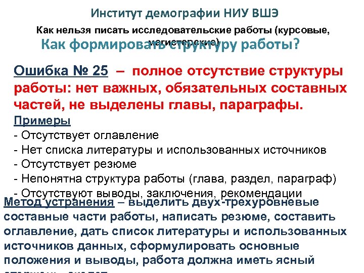 Институт демографии НИУ ВШЭ Как нельзя писать исследовательские работы (курсовые, магистерские) Как формировать структуру