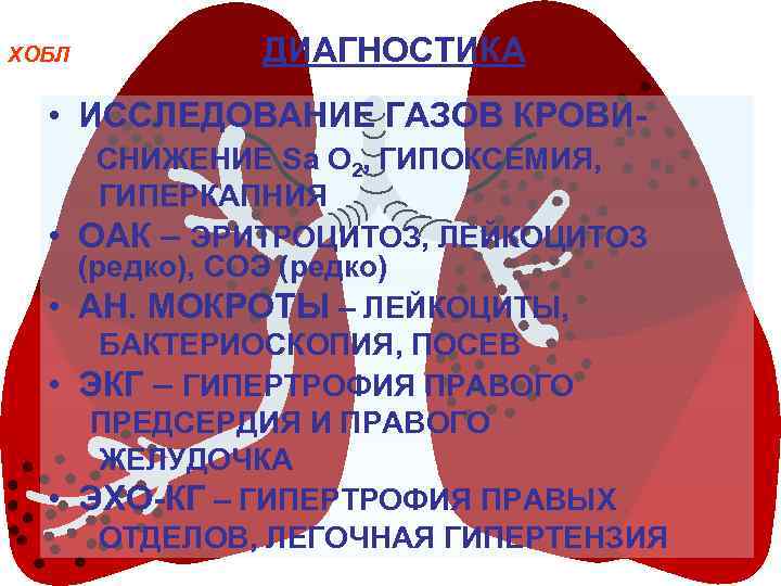 ХОБЛ ДИАГНОСТИКА • ИССЛЕДОВАНИЕ ГАЗОВ КРОВИ • • СНИЖЕНИЕ Sa О 2, ГИПОКСЕМИЯ, ГИПЕРКАПНИЯ