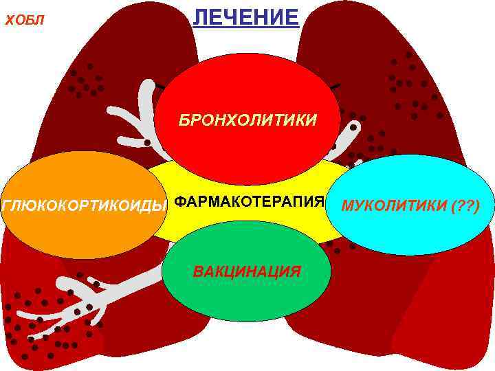 ХОБЛ ЛЕЧЕНИЕ БРОНХОЛИТИКИ ГЛЮКОКОРТИКОИДЫ ФАРМАКОТЕРАПИЯ ВАКЦИНАЦИЯ МУКОЛИТИКИ (? ? ) 