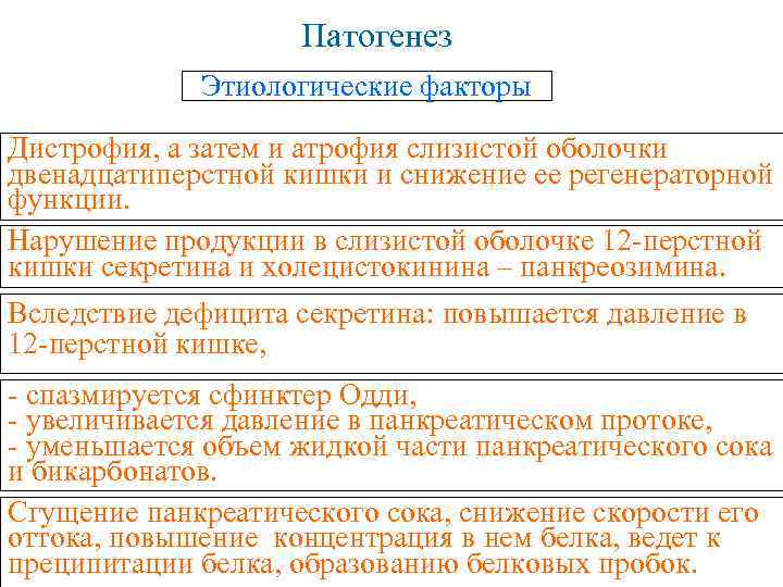 Патогенез Этиологические факторы Дистрофия, а затем и атрофия слизистой оболочки двенадцатиперстной кишки и снижение