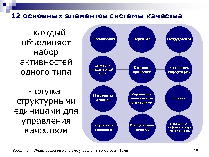 12 основных элементов системы качества - каждый объединяет набор активностей одного типа - служат