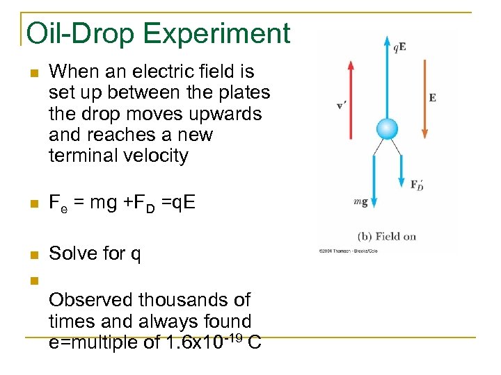 Oil-Drop Experiment n When an electric field is set up between the plates the