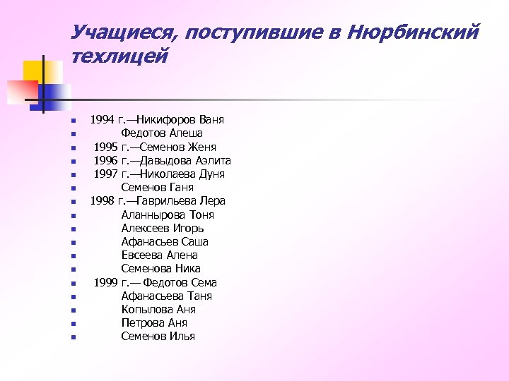 Учащиеся, поступившие в Нюрбинский техлицей n n n n n 1994 г. —Никифоров Ваня