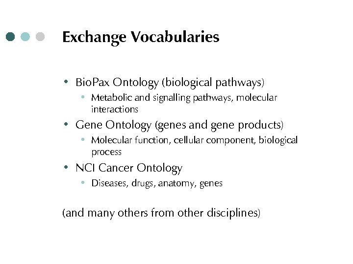 Exchange Vocabularies ∙ Bio. Pax Ontology (biological pathways) ∙ Metabolic and signalling pathways, molecular