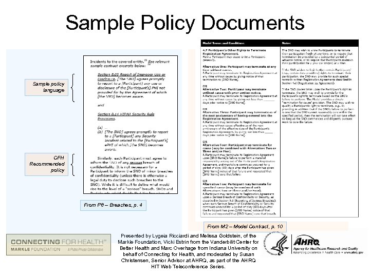 Sample Policy Documents Sample policy language CFH Recommended policy From P 8 – Breaches,