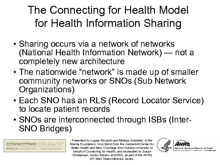 The Connecting for Health Model for Health Information Sharing • Sharing occurs via a