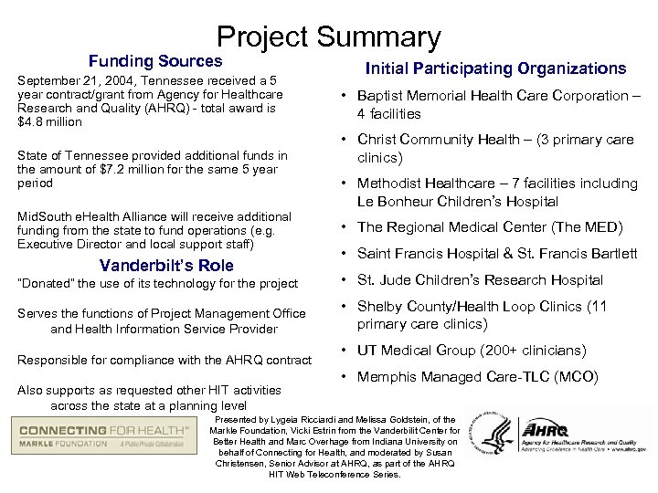 Project Summary Funding Sources September 21, 2004, Tennessee received a 5 year contract/grant from