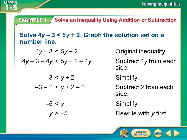Solve an Inequality Using Addition or Subtraction Solve 4 y – 3 < 5
