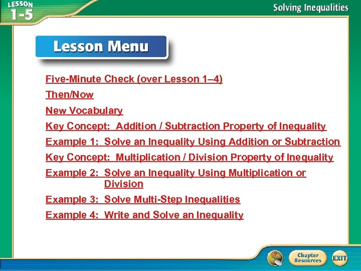 Five-Minute Check (over Lesson 1– 4) Then/Now New Vocabulary Key Concept: Addition / Subtraction