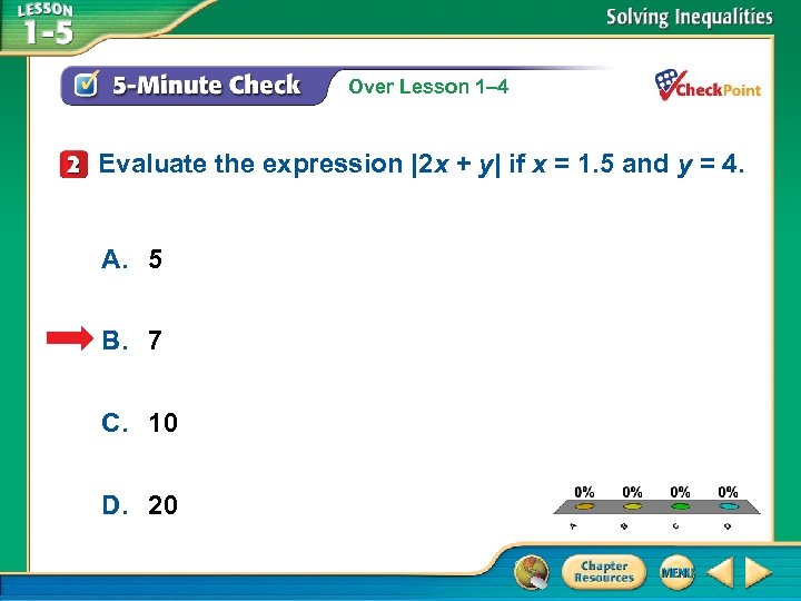 Over Lesson 1– 4 Evaluate the expression |2 x + y| if x =