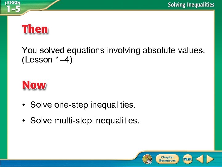 You solved equations involving absolute values. (Lesson 1– 4) • Solve one-step inequalities. •