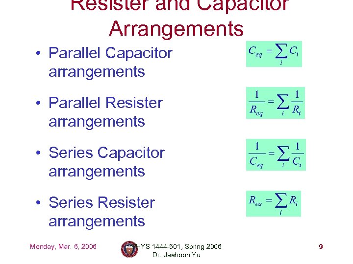 Resister and Capacitor Arrangements • Parallel Capacitor arrangements • Parallel Resister arrangements • Series