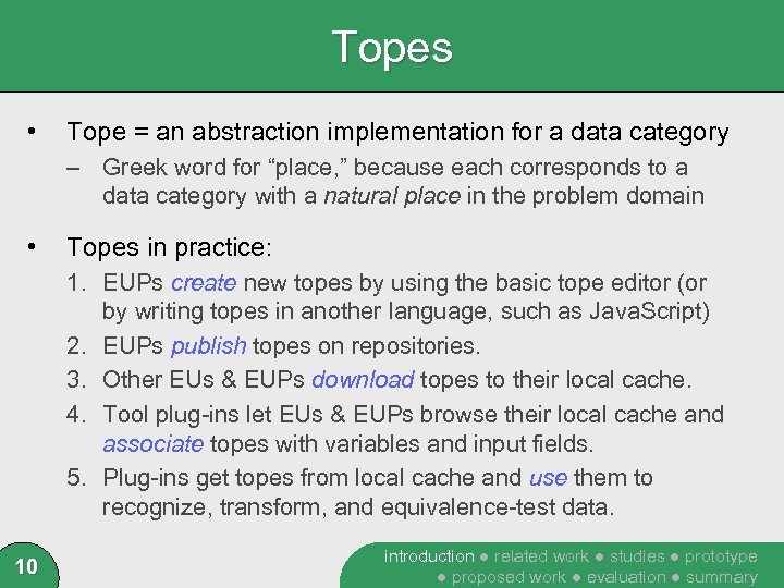 Topes • Tope = an abstraction implementation for a data category – Greek word
