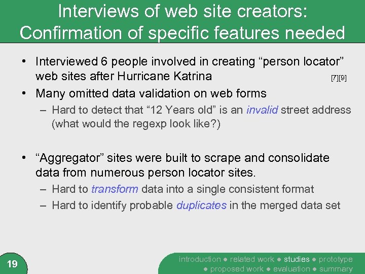 Interviews of web site creators: Confirmation of specific features needed • Interviewed 6 people