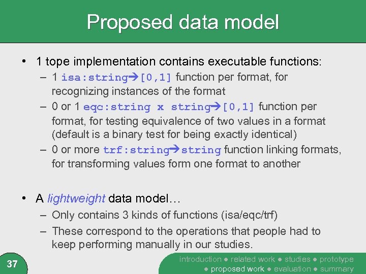 Proposed data model • 1 tope implementation contains executable functions: – 1 isa: string
