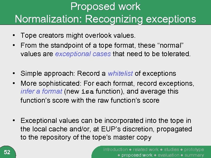 Proposed work Normalization: Recognizing exceptions • Tope creators might overlook values. • From the