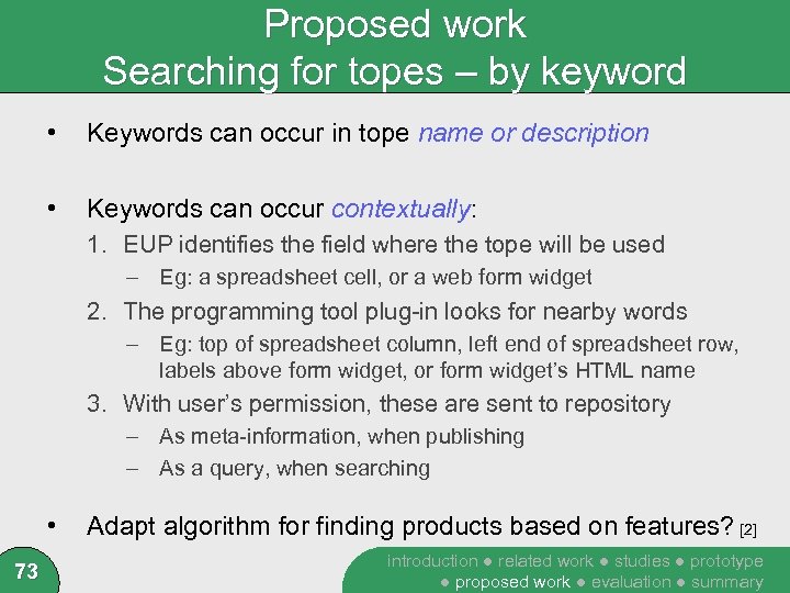 Proposed work Searching for topes – by keyword • Keywords can occur in tope