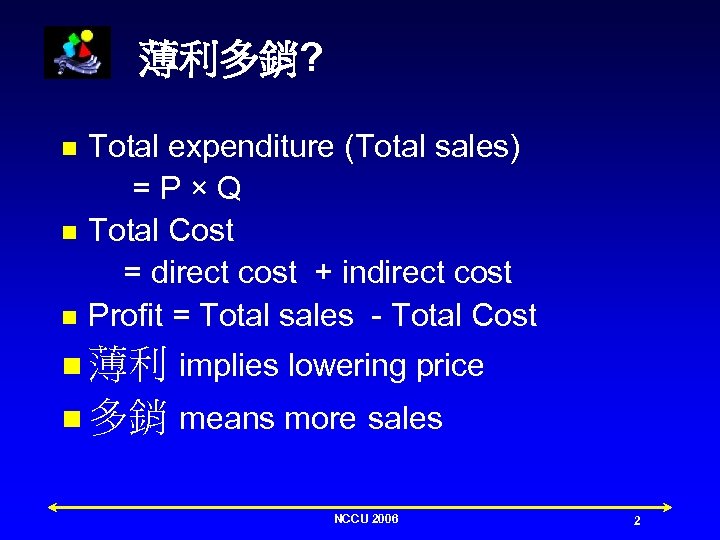 薄利多銷? n n n Total expenditure (Total sales) =P×Q Total Cost = direct cost