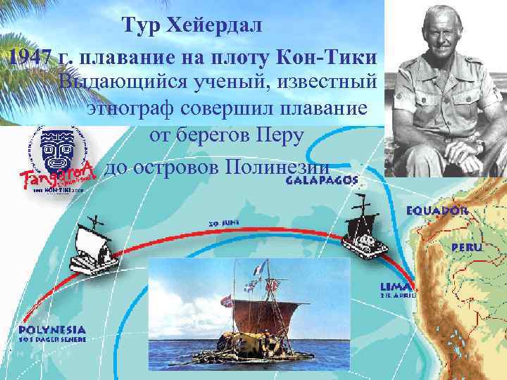 Тур Хейердал 1947 г. плавание на плоту Кон-Тики Выдающийся ученый, известный этнограф совершил плавание