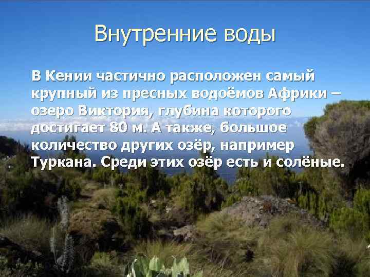 Внутренние воды В Кении частично расположен самый крупный из пресных водоёмов Африки – озеро