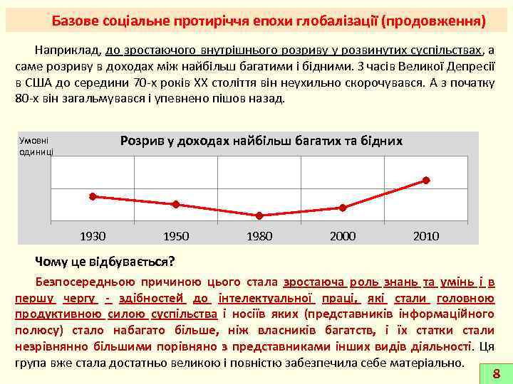 Базове соціальне протиріччя епохи глобалізації (продовження) Наприклад, до зростаючого внутрішнього розриву у розвинутих суспільствах,