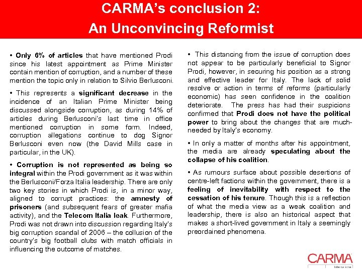 CARMA’s conclusion 2: An Unconvincing Reformist • Only 6% of articles that have mentioned