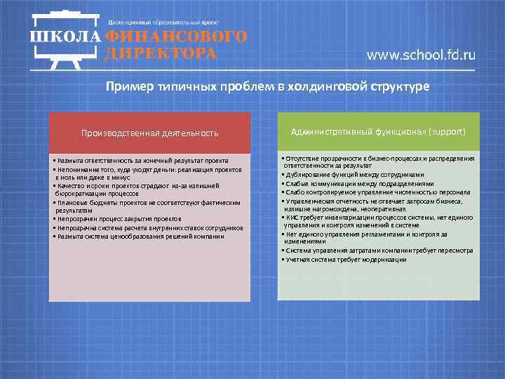 Пример типичных проблем в холдинговой структуре Производственная деятельность Административный функционал (support) • Размыта ответственность