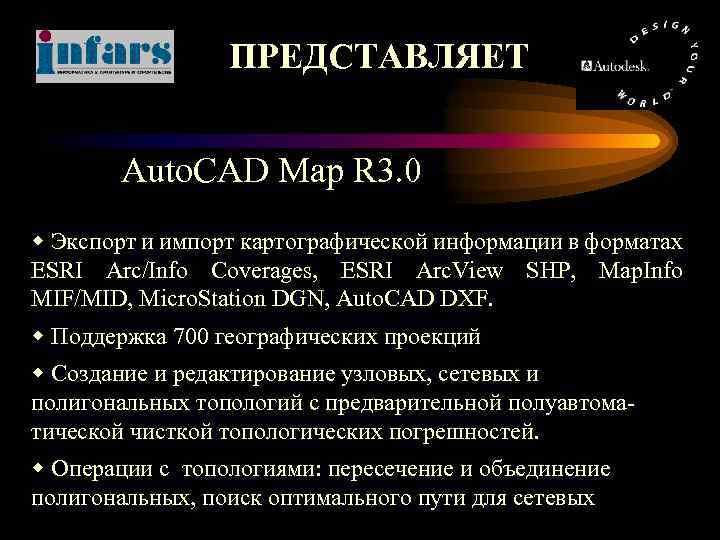 ПРЕДСТАВЛЯЕТ Auto. CAD Map R 3. 0 w Экспорт и импорт картографической информации в