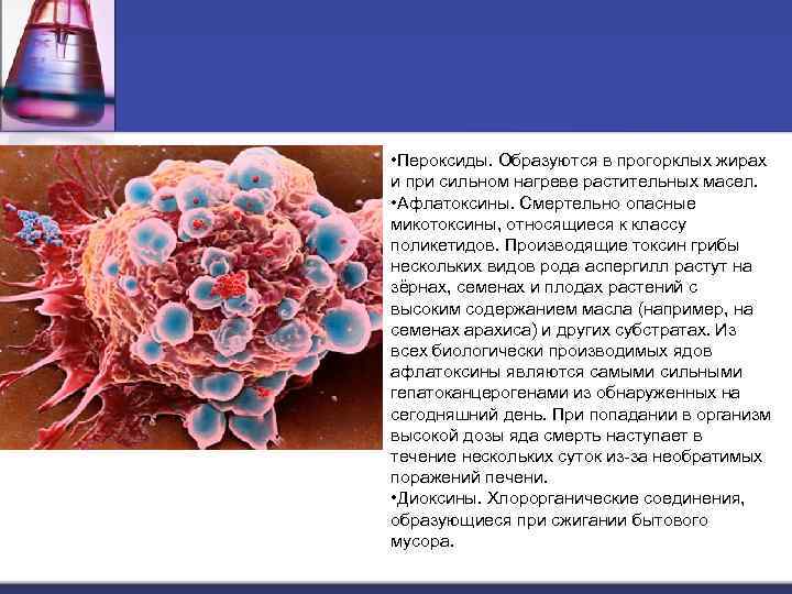  • Пероксиды. Образуются в прогорклых жирах и при сильном нагреве растительных масел. •