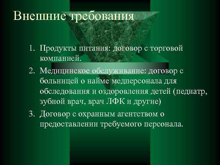 Внешние требования 1. Продукты питания: договор с торговой компанией. 2. Медицинское обслуживание: договор с