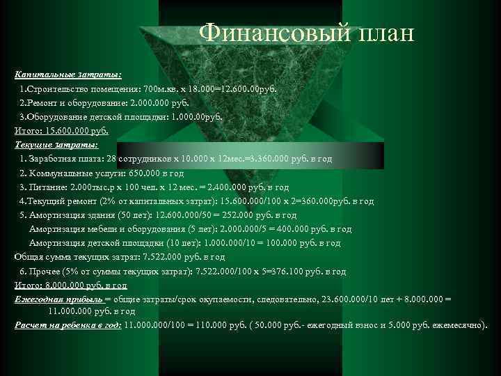 Финансовый план Капитальные затраты: 1. Строительство помещения: 700 м. кв. х 18. 000=12. 600.