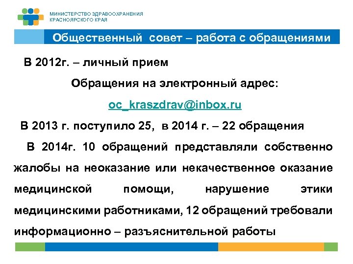 МИНИСТЕРСТВО ЗДРАВООХРАНЕНИЯ КРАСНОЯРСКОГО КРАЯ Общественный совет – работа с обращениями В 2012 г. –